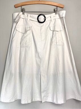Who What Wear Linen Blend Utility A-Line Midi Skirt Belted Ivory 16